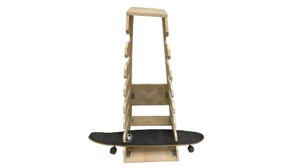 wooden skateboard rack with skateboard