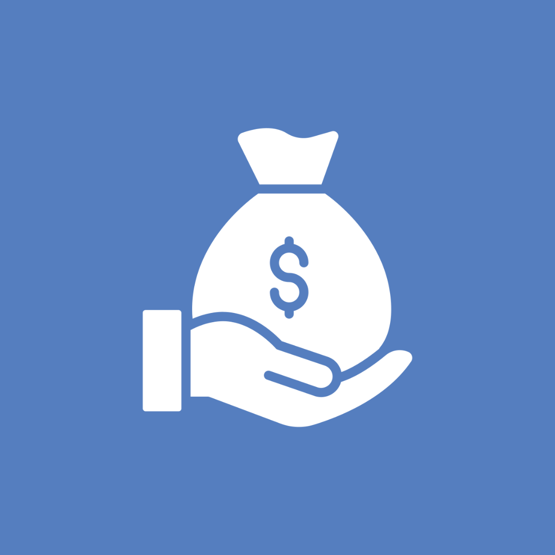 hand holding money bag icon with blue background